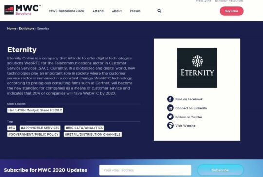 Eternity, empresa expositora del MWC2020 lamenta la cancelación del Mobile World Congress